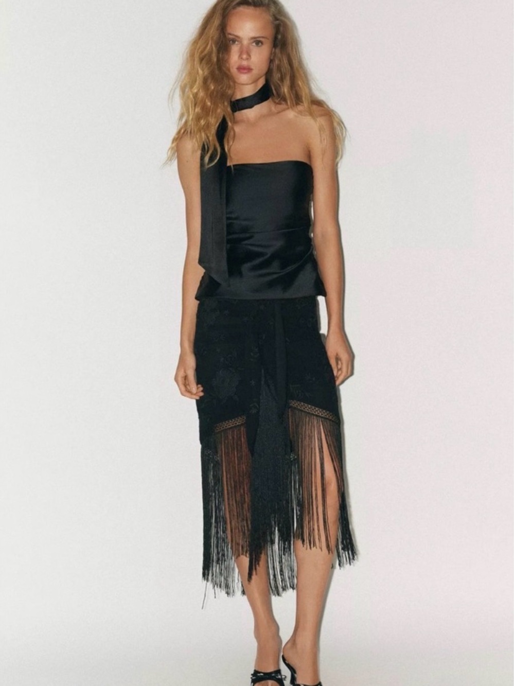 Zara Black Strapless Satin Top with Tie Neck